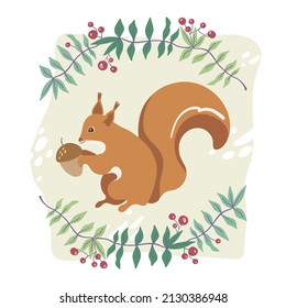 Postcard of cartoon forest squirrel with plant elements isolated on white background.