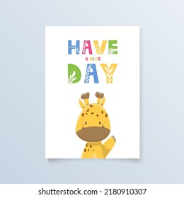 Postcard cartoon illustration happy giraffe for print, design, poster, greeting card