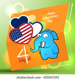 Postcard with cartoon image of an elephant. US Independence Day.