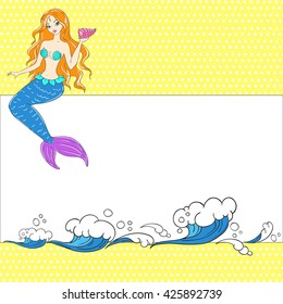 Postcard cartoon mermaid and waves. Space for text. Vector