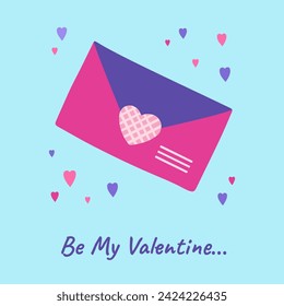 Postcard with cartoon postal envelope. Greeting card Mother's Day or Valentine's Day letter, Wedding or Birthday invitation, Happy Womens Day congratulations poster. Vector minimal design illustration