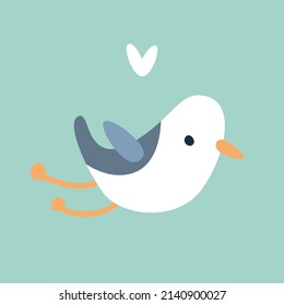 Сute postcard with a cartoon seagull and heart. Vector illustration.