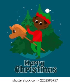 Postcard in cartoon style and text Merry Christmas. Elf boy on a toy horse against the background of Christmas trees.