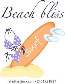 Postcard Cartoon summer elements, travel, beach, summertime accessory. Surf desk, swimsuit and slippers vector illustration set. Palm and serfing board. Umbrella and sunglasses