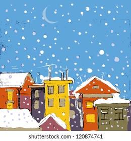 postcard with cartoon winter construction town.  Hand drawn illustration