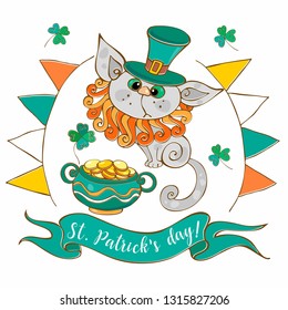 A postcard with a cat and coins for St. Patrick's day.