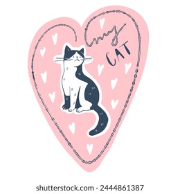 A postcard with a cat and a heart. Vector illustration.
