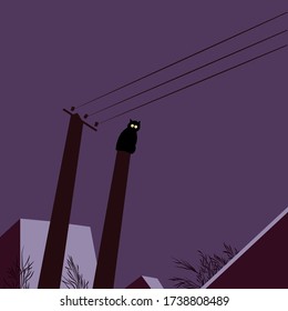 Postcard with a cat on the background of the night sky and roofs of houses. Winter landscape. Happy Halloween. Good night. Dark background. Flat vector illustration