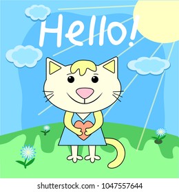 Postcard with a cat on the lawn background and a word of Hello. Vector image. Illustration. Congratulation.