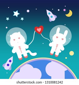 postcard cat and rabbit love in the space