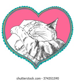 Postcard with a cat, romantic theme for Valentine's day. Hand drawn vector illustration.