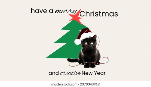 Postcard with a cat who got tangled up in garland and a Christmas tree. Funny vector collage. Merry Christmas and Happy New Year. Cut out elements from paper 