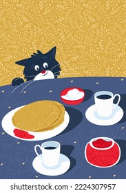 Postcard with a cat who wants to steal a treat from the table. On Maslenitsa, everyone is treated to pancakes with tea. Flat vector illustration.