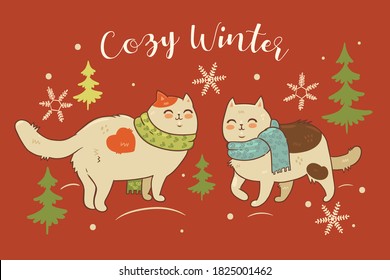 Postcard with cats in scarves and the inscription cozy winter. Vector graphics.