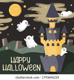 Postcard for the celebration of Halloween. Ghosts fly near the castle in the middle of the cemetery. There is a full moon and stars in the sky. vector illustration, cartoon style