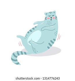 Postcard with the character is a cute hand drawn blue cat. The cat is sleeping.  Vector illustration  