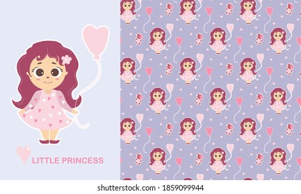 Postcard with character - Little princess and seamless pattern. Cute girl with long hair and balloon, a unicorn toy and flowers on a blue background. Vector. Childrens collection for design, textiles