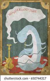Postcard with character of Wonderland. Blue wonderland caterpillar Absolem smoking  hookah on mushroom. The inscription Wonderland time. Vector poster, card in vintage style