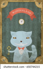 Postcard with character of Wonderland. Cheshire cat with  key. The inscription Wonderland. Vector poster, card in vintage style