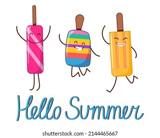 A postcard with the characters of a cheerful ice cream with the inscription hello summer.