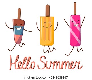 Eine Postkarte mit den Figuren eines fröhlichen Eis mit der Inschrift Hallo Sommer.