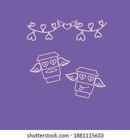 Postcard of characters in love. Cute coffee cups with wings and cute faces drawn by hand. For a cafe or restaurant Poster with a garland of hearts. Cute illustration of a wedding invitation. Vector