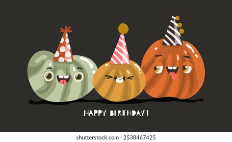 A postcard with cheerful pumpkins with the inscription happy birthday
