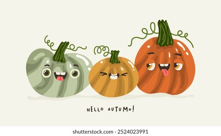 A postcard with cheerful pumpkins with the inscription hello autumn