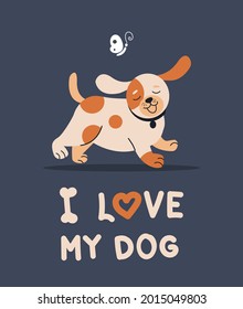 A postcard with a cheerful running dog, a puppy. Your favorite pet. An isolated object on a dark background.