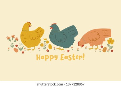 Postcard with chickens and flowers. Happy easter. Vector graphics.