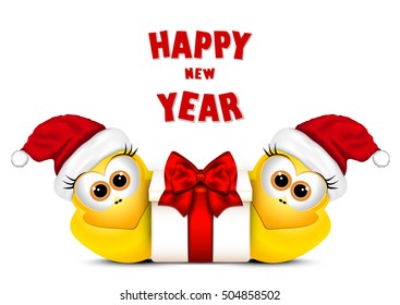 Postcard with chickens in Santa hat. Rooster symbol New Year 2017.
