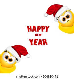 Postcard with chickens in Santa hat. Rooster symbol New Year 2017.