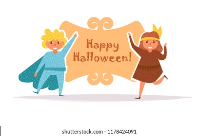 Postcard with children in Halloween costumes Vector. Cartoon. Isolated art on white background. Flat