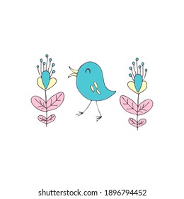 Postcard. Children's cartoon illustration. Birdie. Print on a mug or clothes. Lovely colors. Flowers. White isolated background. Vector hand drawn stock illustration. Doodles