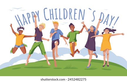 Postal con el Día del Niño. Un grupo de niños felices saltan juntos en un césped verde. Ilustración plana de Vector