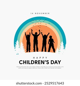 Postal con el Día del Niño. Un grupo de niños felices están saltando juntos en una silueta de césped verde. Diseño de Ilustración vectorial creativa.