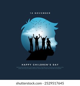 Postcard with Children's Day. A group of happy children are jumping together on a green lawn silhouette. Creative vector illustration design.