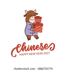 The postcard for Chinese Happy New Year 2021. The cartoonish bull is a symbol of the year. Kawaii animal with lettering phrase. The composition is a vector illustration