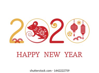 Postcard with the Chinese New Year 2020 rat on the astrological calendar. Golden red illustration with congratulations happy new year and chinese lanterns. flat isolated vector 