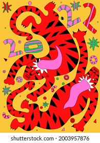 postcard chinese new year 2022. poster of the year of the tiger. Flat predator symbol of the year. 80s psychedelic poster. Christmas funny fnimal
