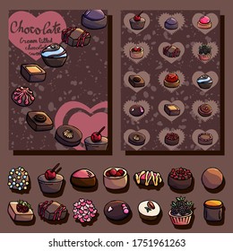 Postcard chocolate candies on a brown background, examples of a postcard, menu, cafe, example menu, cartoon style, pastry shop, romance, for children, party, holiday, weekend, vacation, berry, candy
