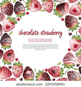 Postal con fresas de chocolate. Borde, marco con postre dulce romántico, berry en jarabe de chocolate. Fondo con fresas decoradas con patatas fritas de chocolate. Ilustración vectorial.