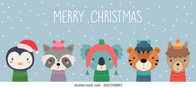 A postcard with Christmas animals. Merry Christmas. Penguin, raccoon, koala, tiger, alpaca. Cute animals in knitted hats and scarves. Vector illustration