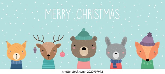 A postcard with Christmas animals. Merry Christmas. Squirrel, deer, bear, hare, fox. Cute animals in knitted hats and scarves. Vector illustration