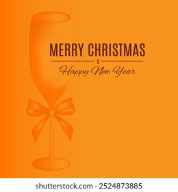 Postcard with Christmas champagne or wine glass and bow in orange colors. Holiday new year  decoration template. 
