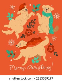 Postcard with Christmas dogs in a hat and scarves. Vector graphics.