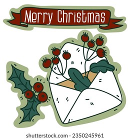 A postcard with a Christmas envelope for Santa Claus with a herbarium in the form of berries, leaves and mistletoe, a cartoon Christmas vector illustration. A postcard for the holiday in retro style