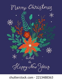 Postcard with Christmas floral composition. Vector graphics.
