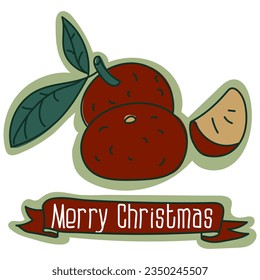 Postcard with Christmas fruit tangerines with a branch and a slice, cartoon Christmas vector illustration. A postcard for the holiday in retro style. Cartoon object