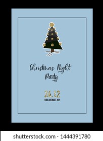Postcard with Christmas glitter trees, bells and socks. Vector